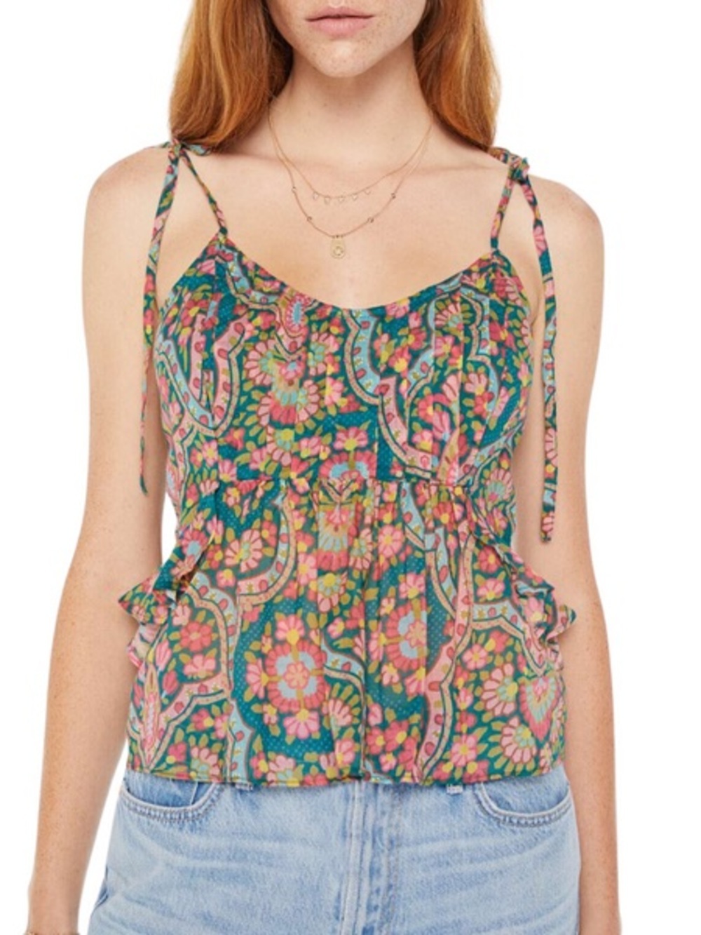 MOTHER Women’s Tie-Shoulder Floral Roam Free Ruffle Tank in Under The Rug Small